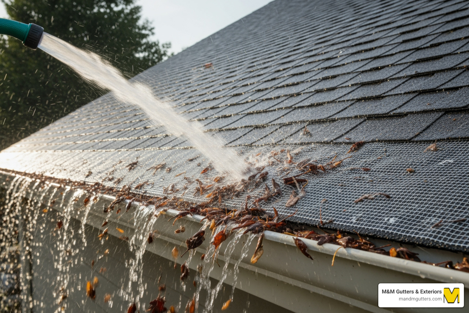 A water flow test being performed on a steep roof with micro-mesh gutter guards installed; water is being sprayed from a hose to simulate a heavy downpour, showing the water successfully entering the mesh while simulated leaves and shingle grit are washed over the edge and onto the ground - Best rated leaf guards