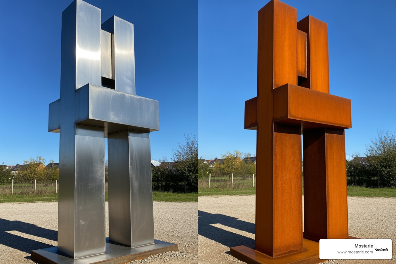 Comparison of raw metallic Corten steel to fully patinated orange-brown steel - corten steel sculpture Comparison of raw metallic Corten steel to fully patinated orange-brown steel - corten steel sculpture