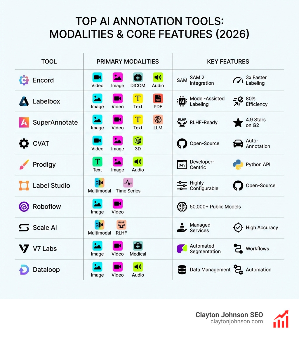 Comparison table of top AI annotation tools showing supported modalities and core features - ai annotation tools infographic Comparison table of top AI annotation tools showing supported modalities and core features - ai annotation tools infographic