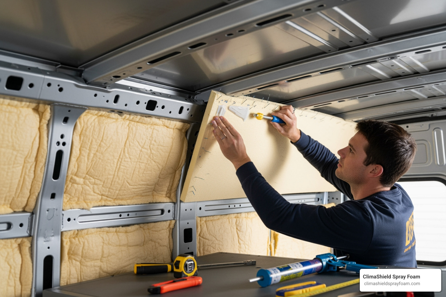 Rigid board insulation being installed on a van ceiling - truck van insulation