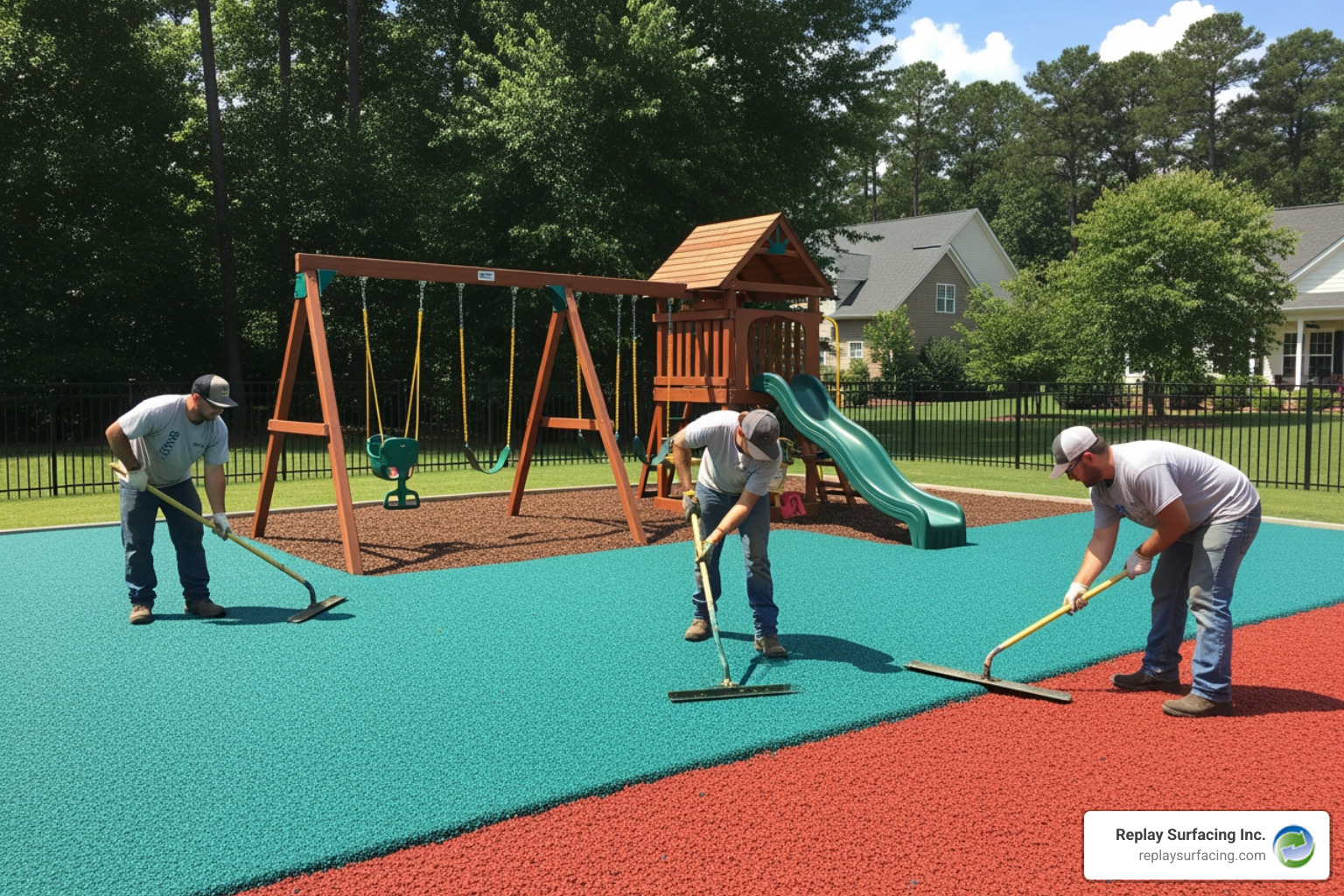 Bonded rubber mulch installation in a residential backyard - bonded rubber mulch near me Bonded rubber mulch installation in a residential backyard - bonded rubber mulch near me