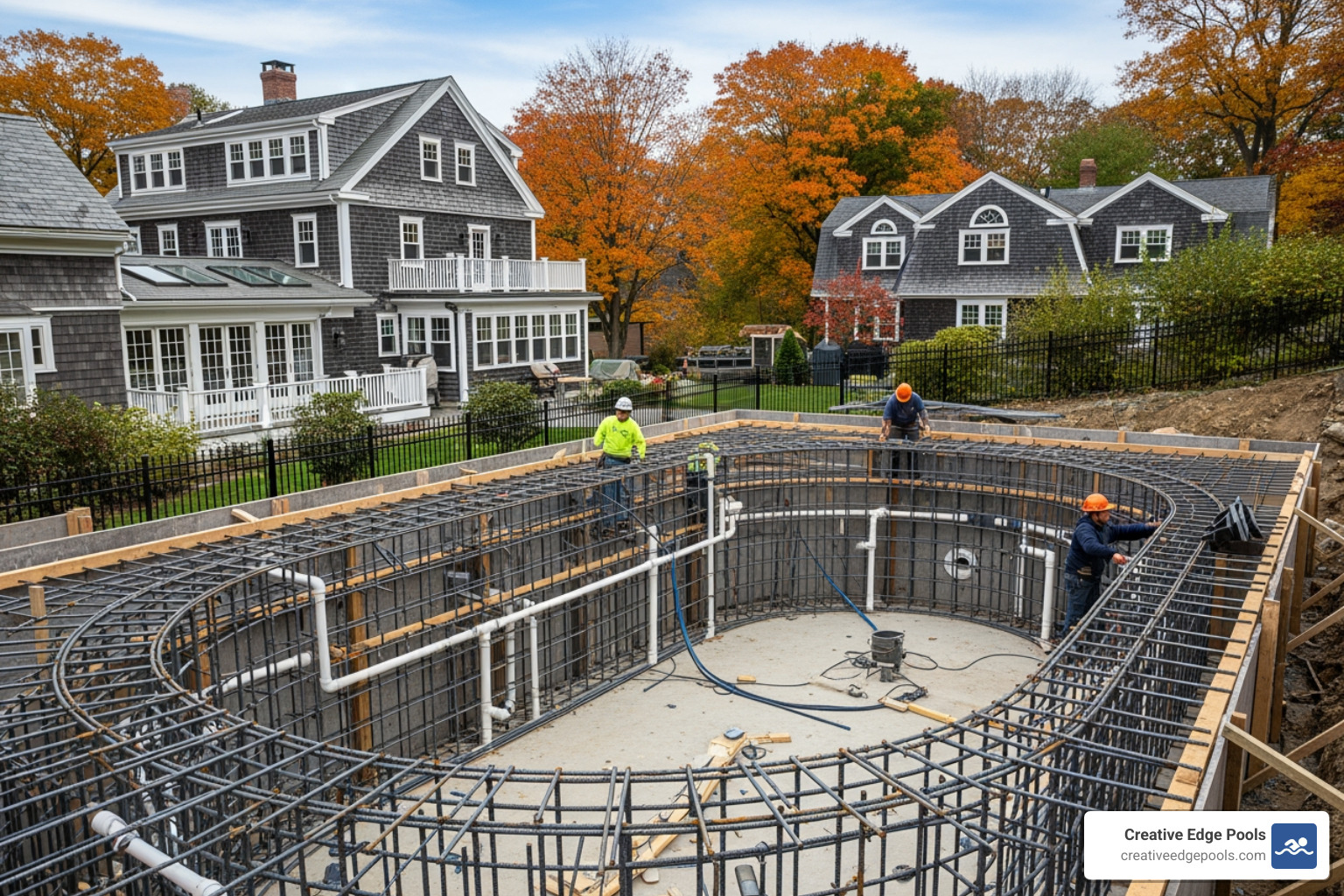 Custom gunite pool construction process showing the intricate rebar framework and plumbing installation in a Boston backyard - pool services Boston area