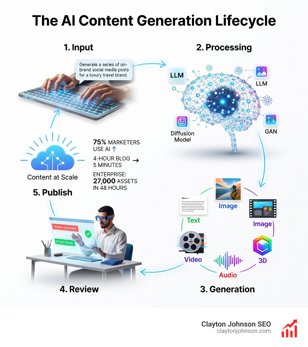 Infographic showing the AI content generation lifecycle: from user prompt input → AI model processing (LLMs, diffusion models, GANs) → multimodal output types (text, image, video, audio, 3D) → human review and brand alignment → published content at scale, with statistics showing 75% of marketers using AI, 4-hour blog posts reduced to minutes, and enterprise results like 27,000 assets in 48 hours - ai content generation infographic 