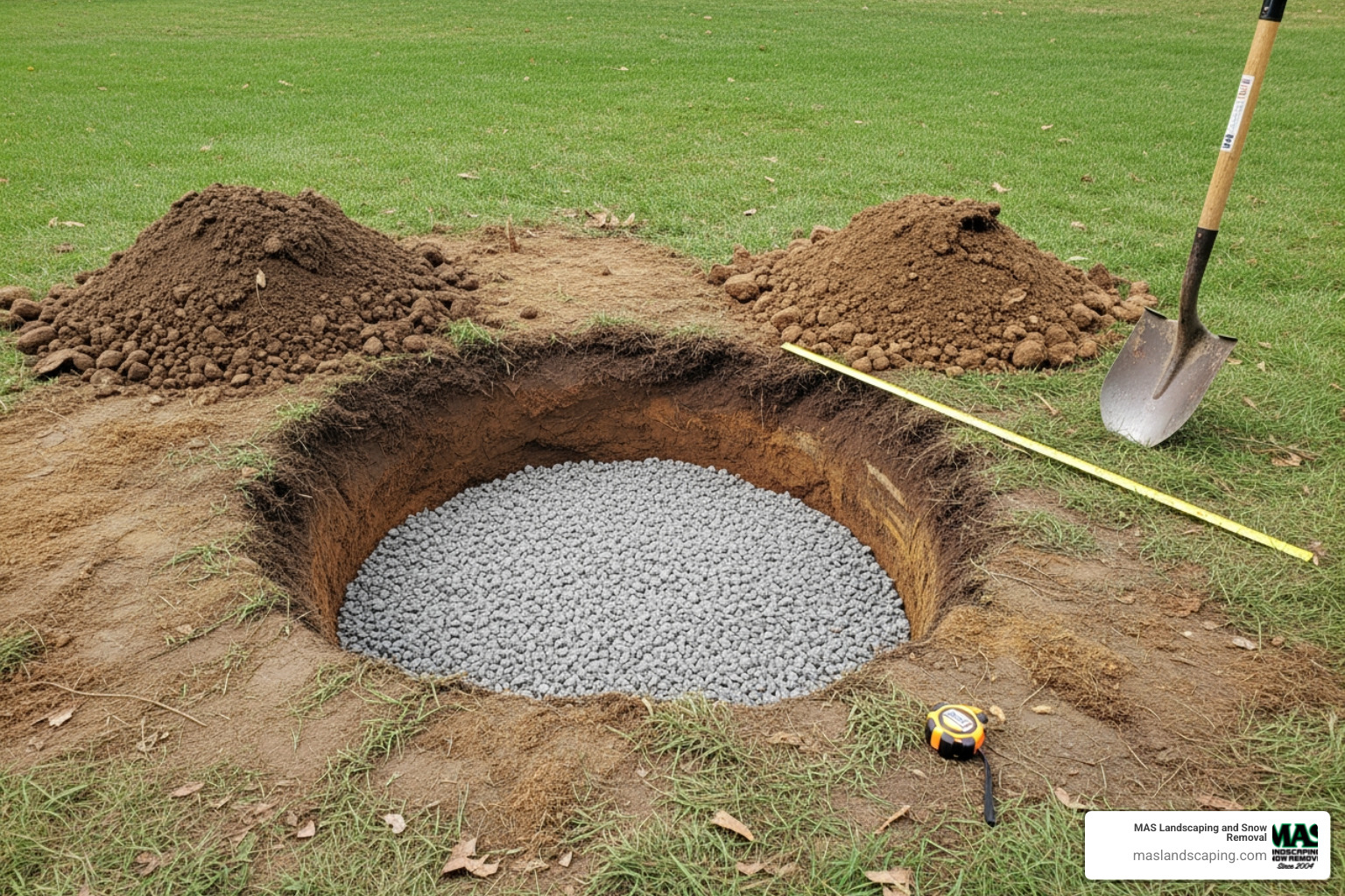 fire pit excavation and base preparation showing a circular trench being dug and filled with gravel - fire pit construction