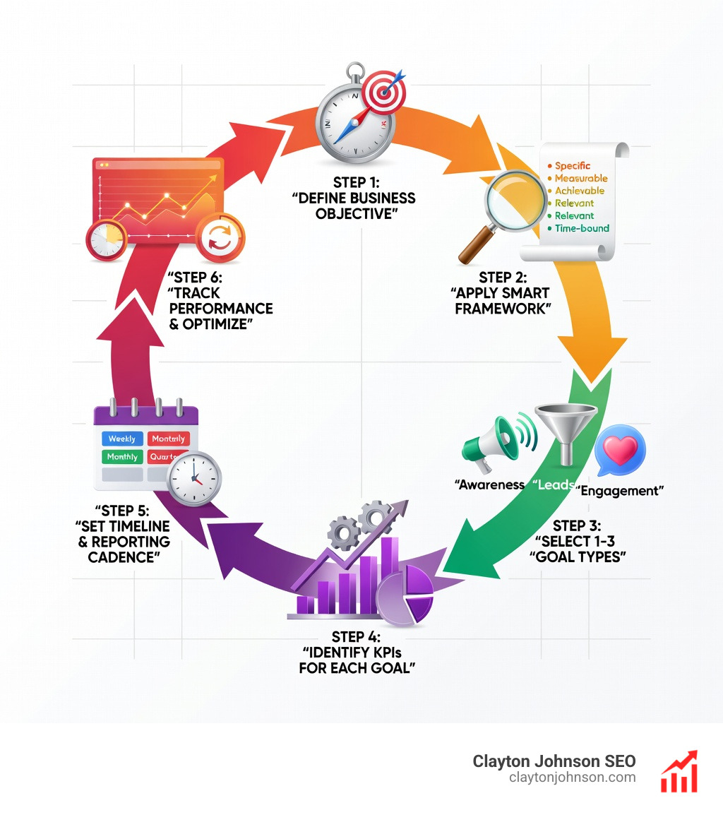Infographic showing the social media goal-setting process: Step 1 Define business objective, Step 2 Apply SMART framework (Specific, Measurable, Achievable, Relevant, Time-bound), Step 3 Select 1-3 goal types (awareness, leads, engagement, traffic, service), Step 4 Identify KPIs for each goal, Step 5 Set timeline and reporting cadence (weekly, monthly, quarterly), Step 6 Track performance and optimize — with arrows connecting each step in a circular loop to show the ongoing nature of the process - setting social media goals infographic Infographic showing the social media goal-setting process: Step 1 Define business objective, Step 2 Apply SMART framework (Specific, Measurable, Achievable, Relevant, Time-bound), Step 3 Select 1-3 goal types (awareness, leads, engagement, traffic, service), Step 4 Identify KPIs for each goal, Step 5 Set timeline and reporting cadence (weekly, monthly, quarterly), Step 6 Track performance and optimize — with arrows connecting each step in a circular loop to show the ongoing nature of the process - setting social media goals infographic