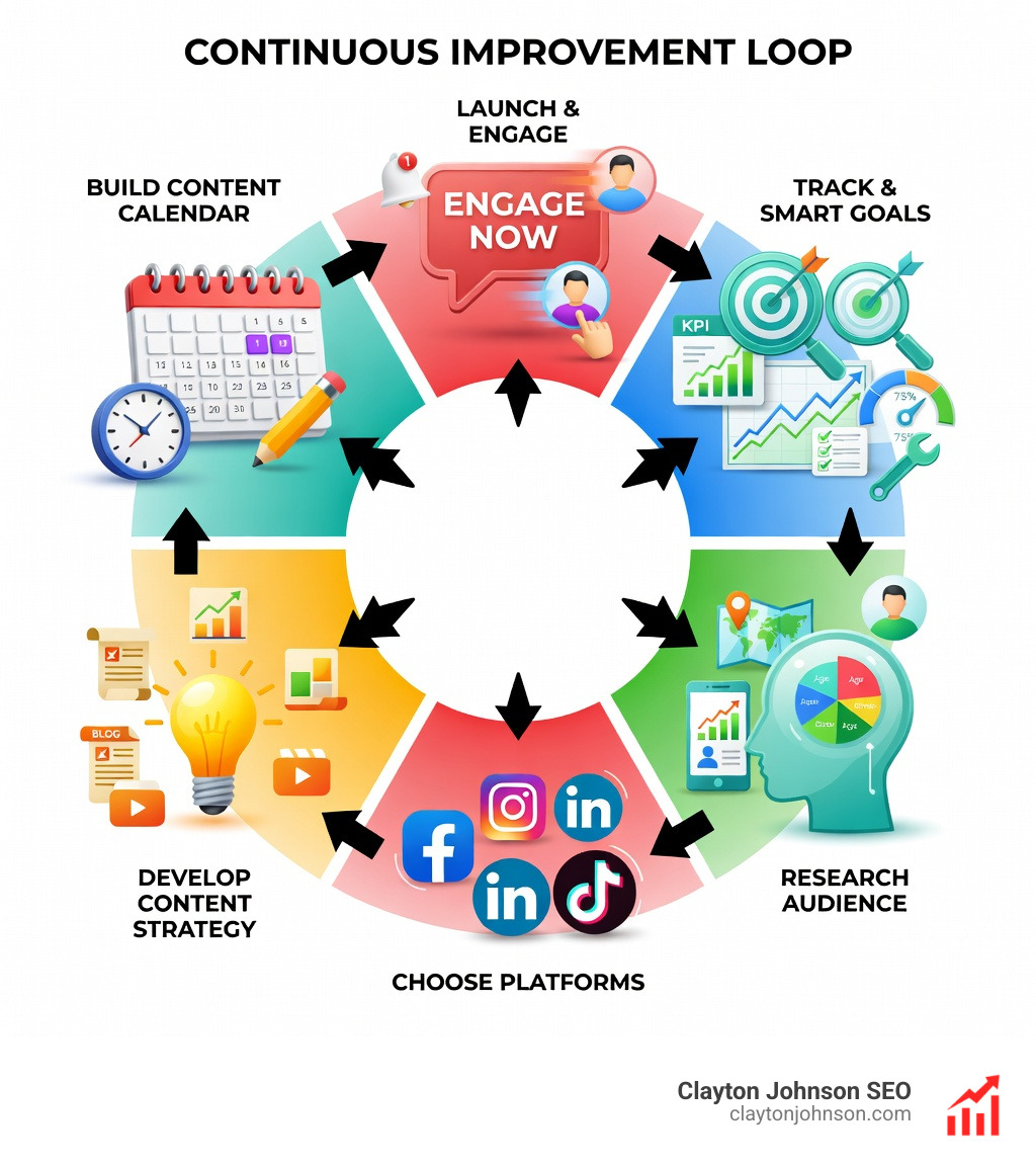 Infographic showing the 7 social media campaign steps as a circular lifecycle: Step 1 Define SMART Goals with icons for targets and KPIs, Step 2 Research Audience with demographic icons, Step 3 Choose Platforms with platform logos, Step 4 Develop Content Strategy with content type icons, Step 5 Build Content Calendar with a calendar grid, Step 6 Launch and Engage with speech bubble and notification icons, Step 7 Track and Optimize with analytics chart icons, all connected by arrows showing a continuous improvement loop - social media campaign steps infographic 