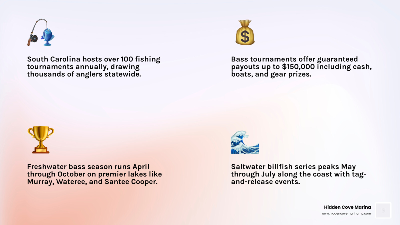 Infographic showing the South Carolina fishing tournament season timeline from spring through fall, with freshwater bass events in April through October on lakes like Murray, Wateree, and Santee Cooper, the Governor's Cup Billfish Series running May through July along the coast, and key prize amounts including $10,000 qualifier payouts, $50,000 CBC Classic, and $150,000 Berkley Big Bass Classic - fishing tournaments in south carolina infographic 4_facts_emoji_light-gradient Infographic showing the South Carolina fishing tournament season timeline from spring through fall, with freshwater bass events in April through October on lakes like Murray, Wateree, and Santee Cooper, the Governor's Cup Billfish Series running May through July along the coast, and key prize amounts including $10,000 qualifier payouts, $50,000 CBC Classic, and $150,000 Berkley Big Bass Classic - fishing tournaments in south carolina infographic 4_facts_emoji_light-gradient