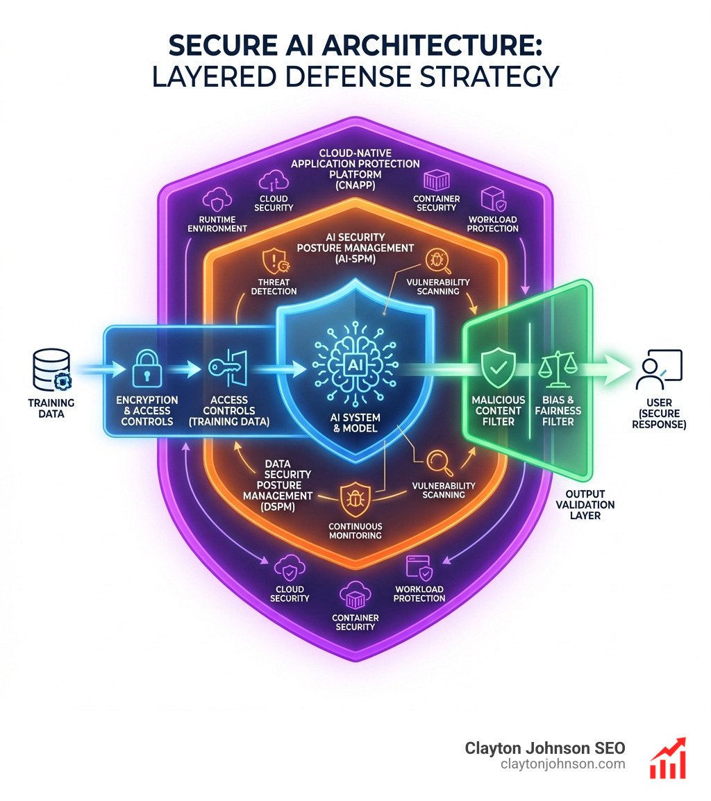 Infographic of a secure AI architecture: showing a layered defense strategy including Data Security Posture Management (DSPM), AI Security Posture Management (AI-SPM), and a Cloud-Native Application Protection Platform (CNAPP) — with encryption at rest, access controls for training data, and an output validation layer to filter malicious or biased responses before they reach the user - AI Governance infographic 