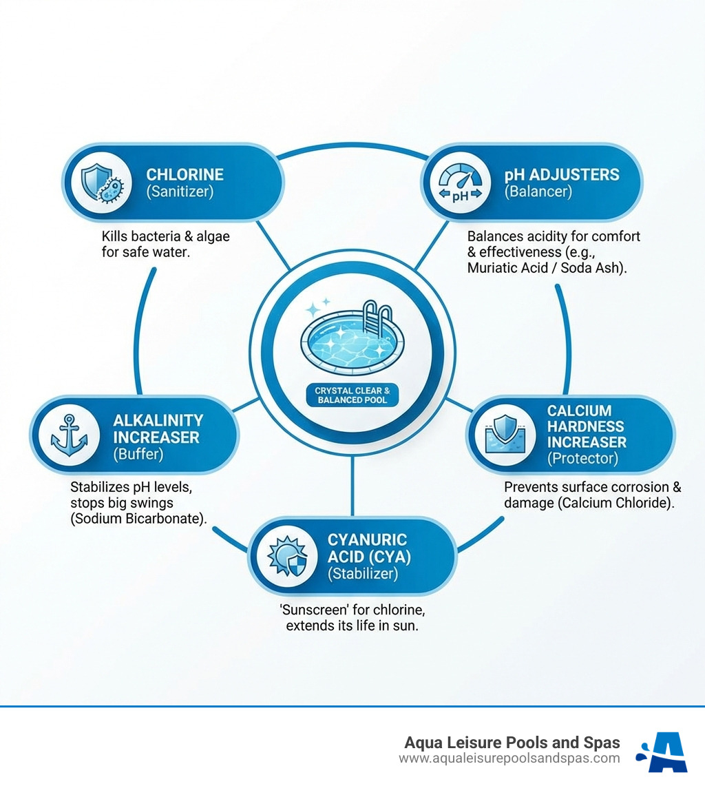 Infographic explaining the essential pool chemicals and their purpose for maintaining a clean and balanced swimming pool - chemicals needed for pool infographic 