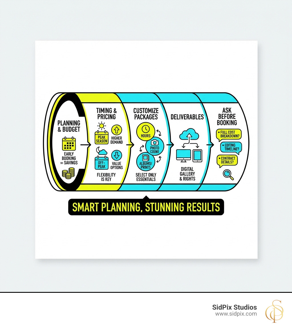 infographic showing engagement photography planning timeline with budget considerations, peak vs off-peak pricing, package customization options, deliverable expectations, and questions to ask before booking - cheap engagement photographers infographic 