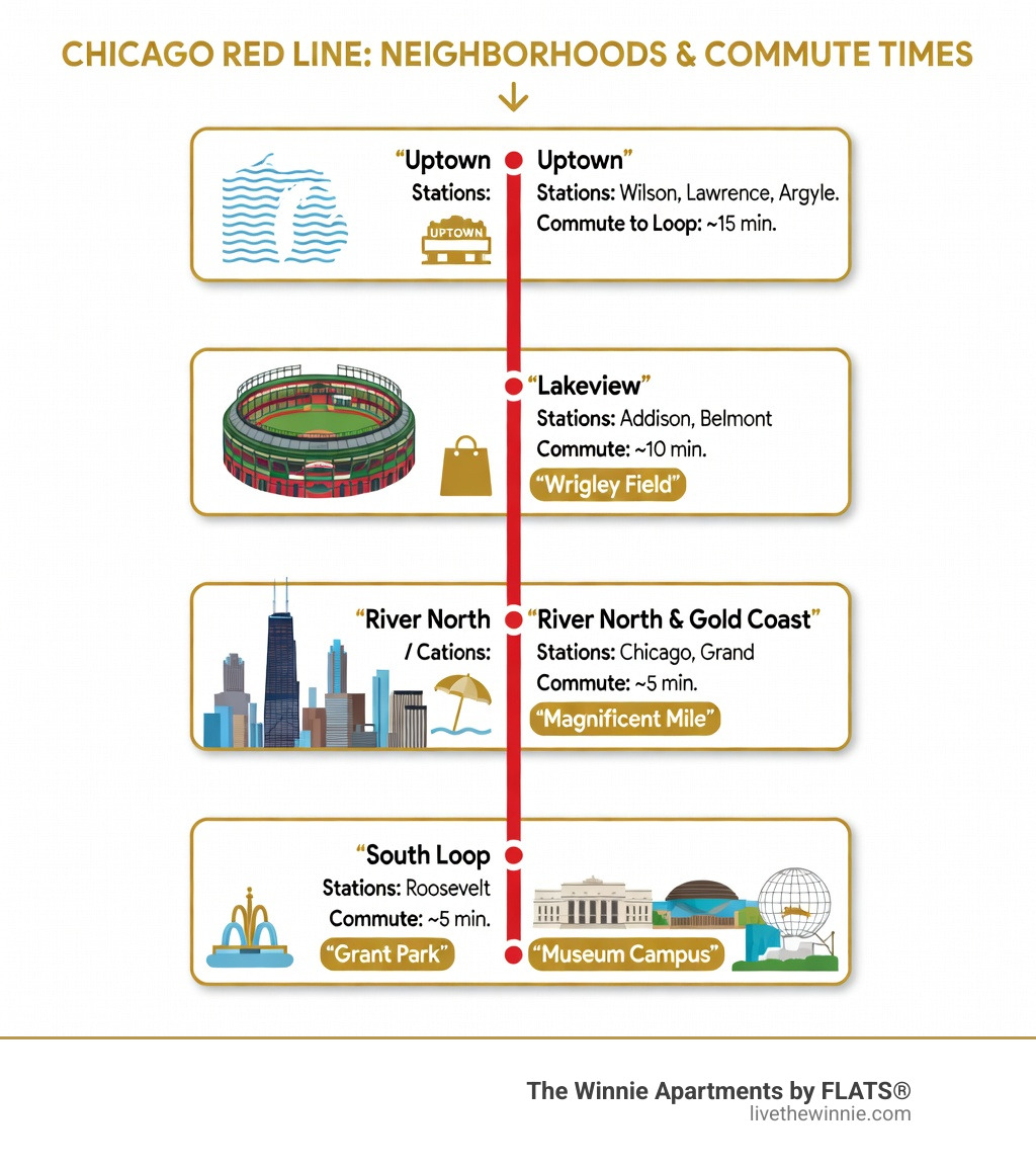 Infographic showing the Chicago Red Line from north to south with key neighborhoods including Uptown, Lakeview, River North, Gold Coast, and South Loop, highlighting major attractions like Wrigley Field, the Magnificent Mile, Grant Park, and Museum Campus, along with station names and approximate commute times to The Loop - apartments near red line infographic 
