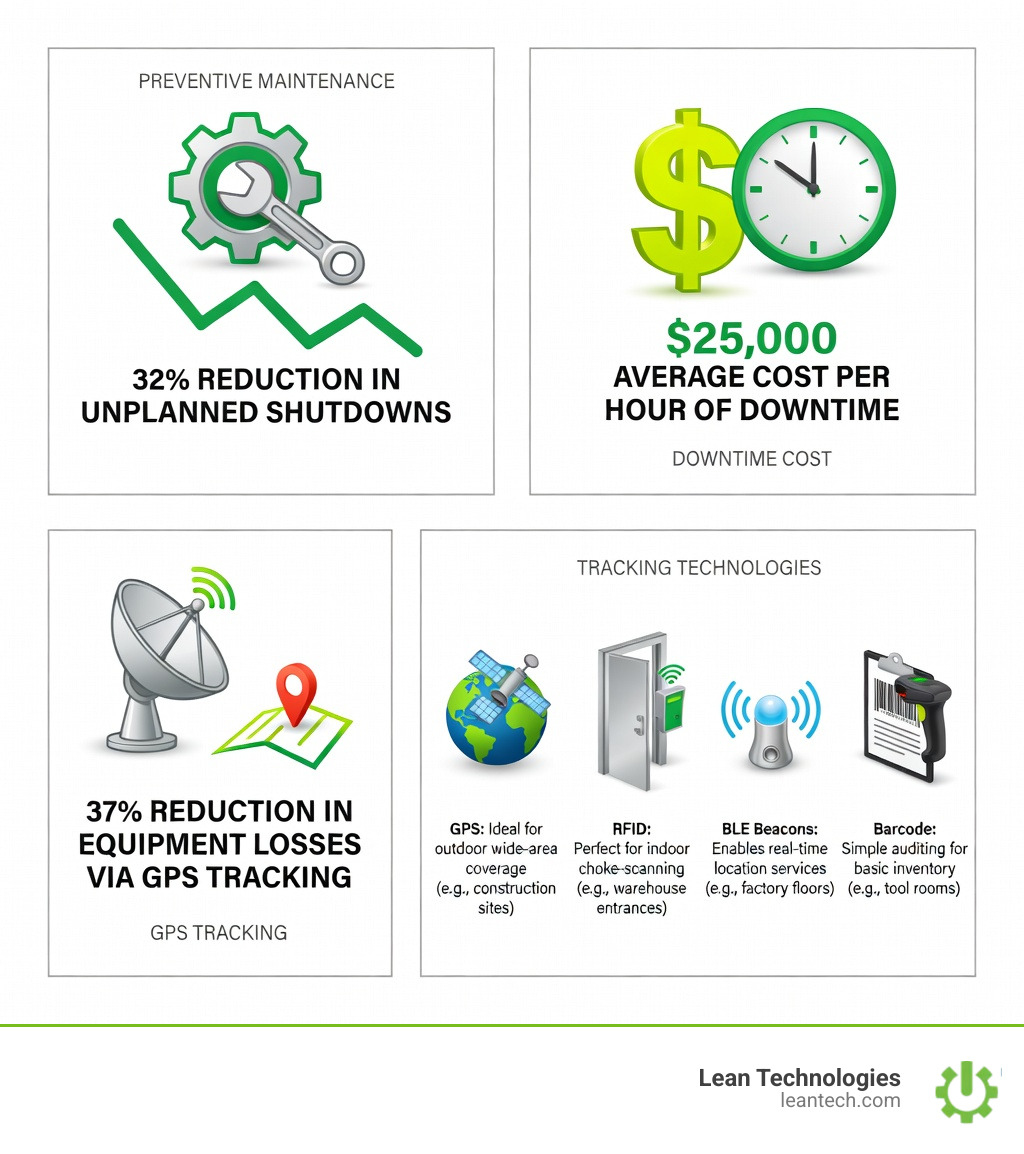Infographic showing the breakdown of equipment tracking system benefits: 32% reduction in unplanned shutdowns with preventive maintenance, $25,000 average cost per hour of downtime, 37% reduction in equipment losses with GPS tracking, and comparison of tracking technologies including GPS for outdoor wide-area coverage, RFID for indoor choke-point scanning, BLE beacons for real-time location services, and barcode systems for simple auditing - equipment tracking system infographic Infographic showing the breakdown of equipment tracking system benefits: 32% reduction in unplanned shutdowns with preventive maintenance, $25,000 average cost per hour of downtime, 37% reduction in equipment losses with GPS tracking, and comparison of tracking technologies including GPS for outdoor wide-area coverage, RFID for indoor choke-point scanning, BLE beacons for real-time location services, and barcode systems for simple auditing - equipment tracking system infographic