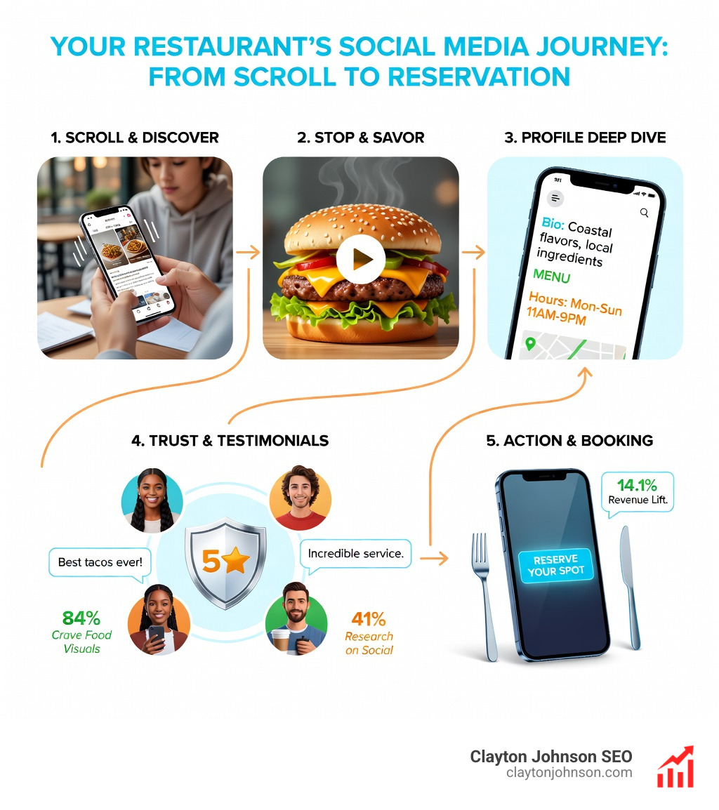 Infographic showing the diner's social media journey: Step 1 - Diner scrolls Instagram or TikTok feed, Step 2 - Appetizing food video or photo stops the scroll, Step 3 - Diner visits restaurant profile and checks bio, menu link, hours, and location, Step 4 - Social proof from reviews, UGC, and influencer posts builds trust, Step 5 - CTA (Reserve Now or Order Online) converts interest into action, with stat callouts: 84% of diners want food photos, 41% research on social, 14.1% revenue lift for social-first brands - restaurant social media marketing strategy infographic 