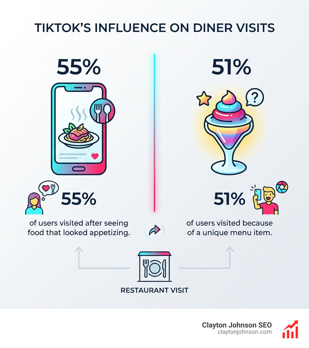 description of stat: 55% of TikTok users visited a restaurant after seeing it on the platform because the food looked appetizing; 51% visited because of a unique menu item. - restaurant social media marketing strategy infographic 