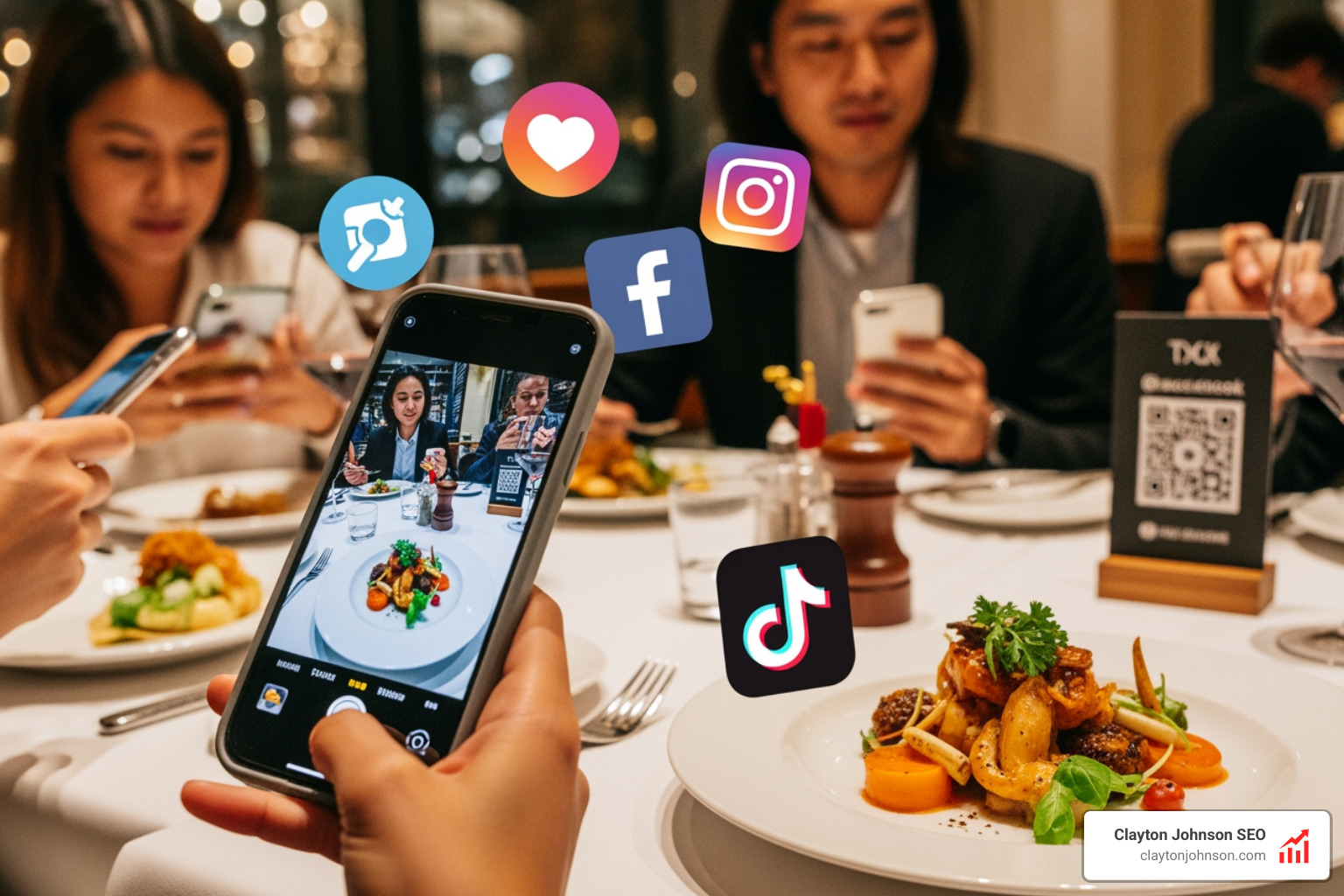 graphic showing an optimized Instagram profile grid with a clear bio, link in bio, and organized Story Highlights - restaurant social media marketing strategy