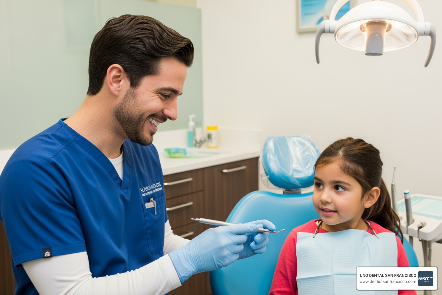 dentist explaining a dental tool to a curious child - pediatric dentist california street san francisco dentist explaining a dental tool to a curious child - pediatric dentist california street san francisco