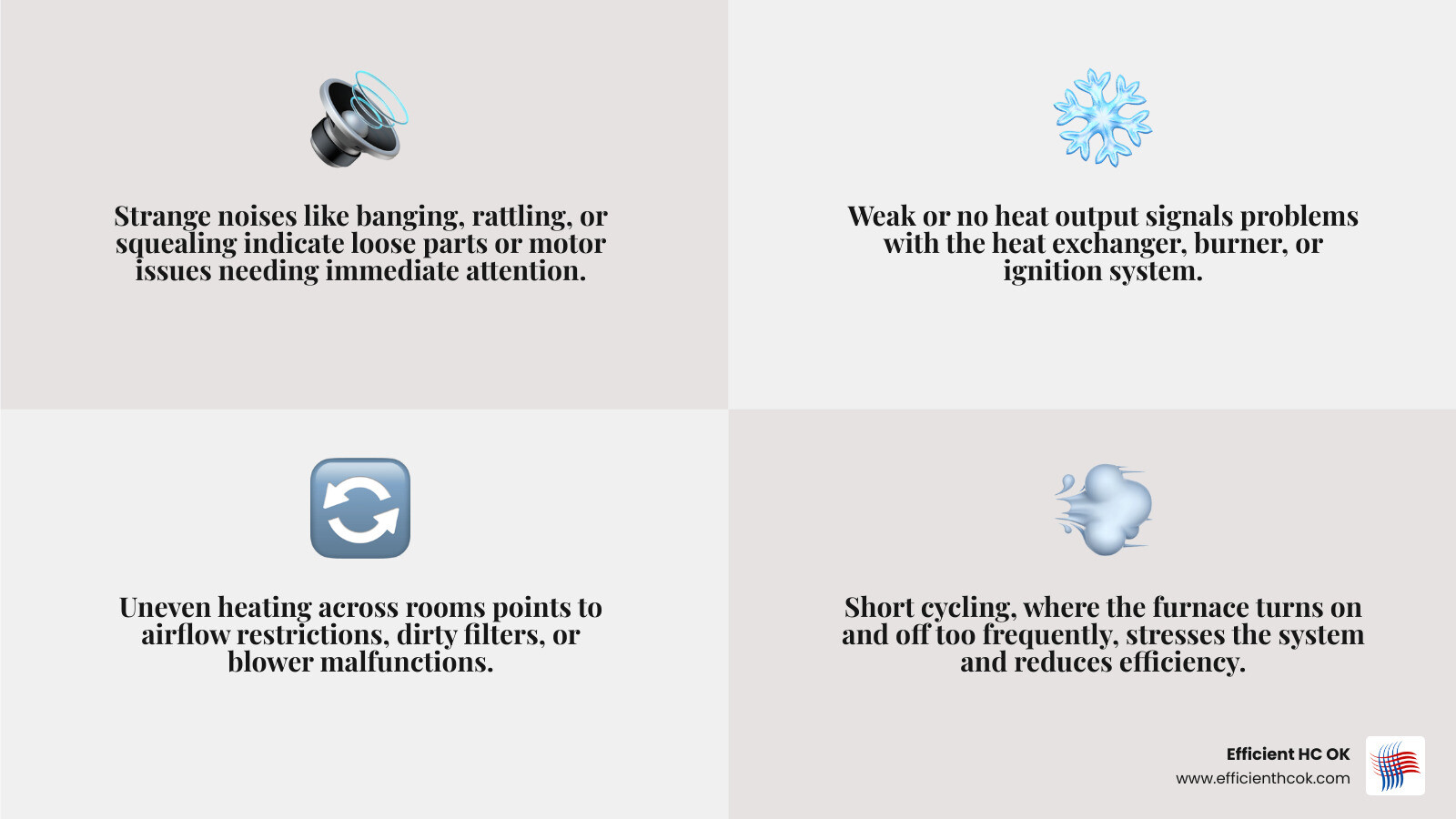 Infographic showing the top warning signs a furnace needs repair in Arcadia OK, including short cycling, unusual smells, weak airflow, uneven heating, yellow pilot light, and rising energy bills, with a timeline showing furnace lifespan of 15 to 30 years in Oklahoma's dry climate and a checklist of first steps homeowners should take before calling a professional - furnace repair service in arcadia, ok infographic 4_facts_emoji_grey