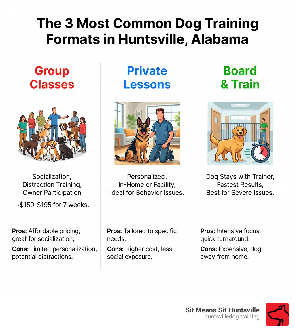 Infographic showing the 3 most common dog training formats in Huntsville Alabama: Group Classes (socialization, distraction training, owner participation, ~$150-$195 for 7 weeks), Private Lessons (personalized, in-home or facility, ideal for behavior issues), and Board and Train (dog stays with trainer, fastest results, best for severe issues) — with icons and a comparison of pros and cons for each format - dog training huntsville alabama infographic 