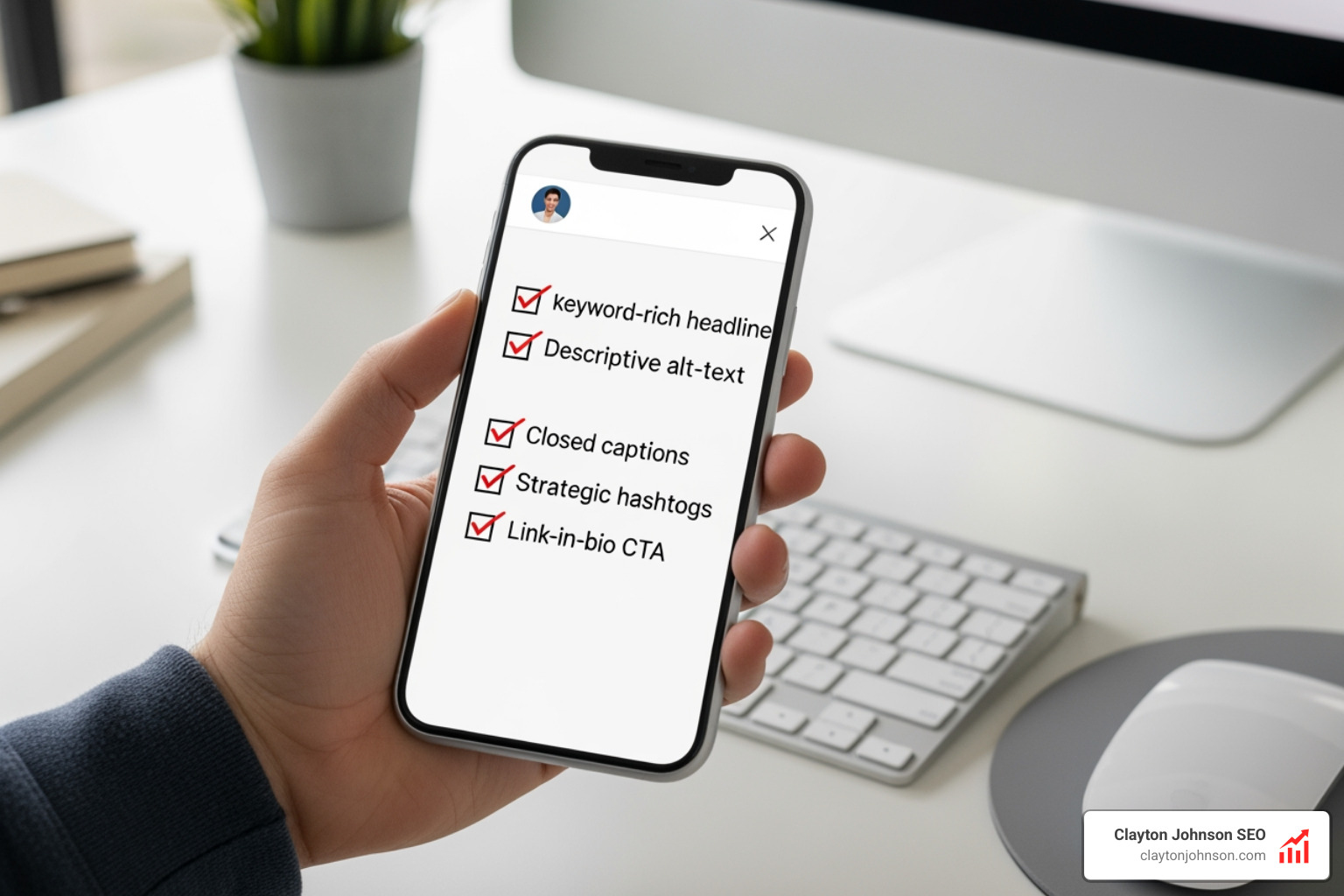 Graphic showing an optimized social media post checklist: 1. Keyword-rich headline, 2. Descriptive alt-text for images, 3. Closed captions for video, 4. Strategic hashtags, 5. Link-in-bio call to action - social marketing seo Graphic showing an optimized social media post checklist: 1. Keyword-rich headline, 2. Descriptive alt-text for images, 3. Closed captions for video, 4. Strategic hashtags, 5. Link-in-bio call to action - social marketing seo
