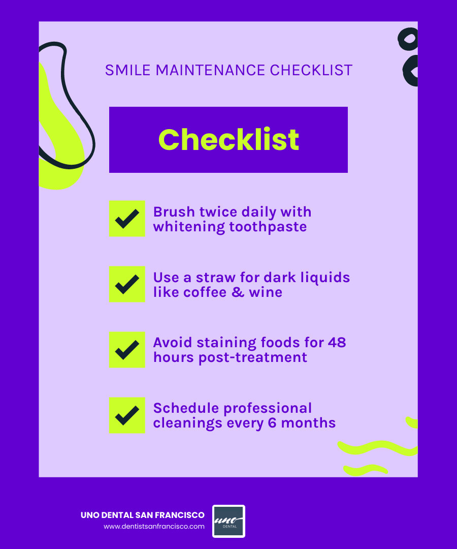 Infographic showing the longevity of professional whitening results (up to 3 years) compared to OTC products (3-4 months), and a checklist for maintenance: brush twice daily, use a straw for dark liquids, and schedule 6-month dental cleanings - professional tooth whitening infographic checklist-fun-neon Infographic showing the longevity of professional whitening results (up to 3 years) compared to OTC products (3-4 months), and a checklist for maintenance: brush twice daily, use a straw for dark liquids, and schedule 6-month dental cleanings - professional tooth whitening infographic checklist-fun-neon
