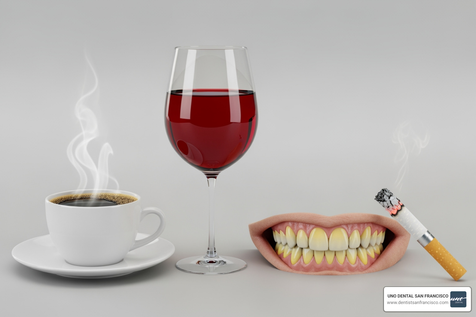 Common causes of tooth staining including coffee, wine, smoking, and aging - professional tooth whitening Common causes of tooth staining including coffee, wine, smoking, and aging - professional tooth whitening
