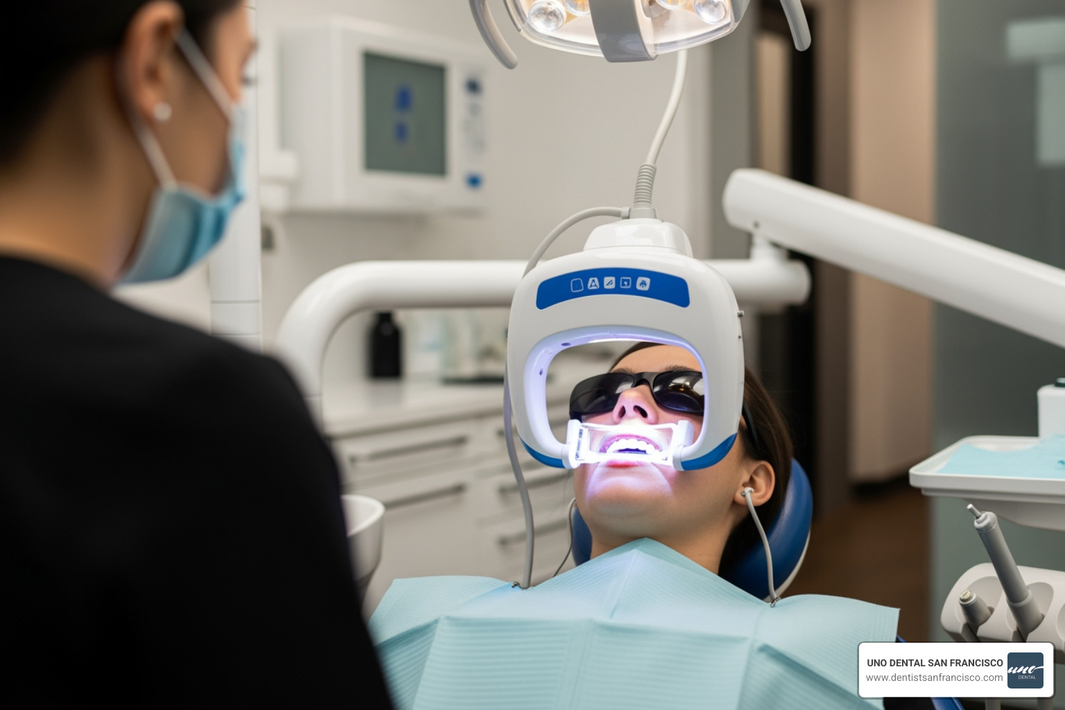 A patient relaxing during an in-office teeth whitening session with a professional light activation system - professional tooth whitening A patient relaxing during an in-office teeth whitening session with a professional light activation system - professional tooth whitening
