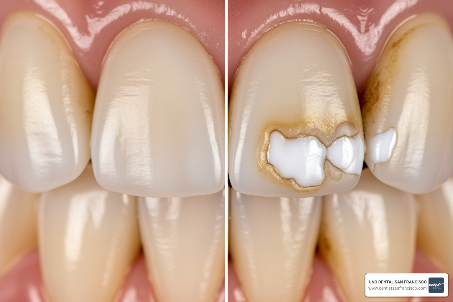 A split-view image comparing healthy enamel on the left with enamel showing plaque stains and chalky white spot lesions on the right - braces marks on teeth A split-view image comparing healthy enamel on the left with enamel showing plaque stains and chalky white spot lesions on the right - braces marks on teeth