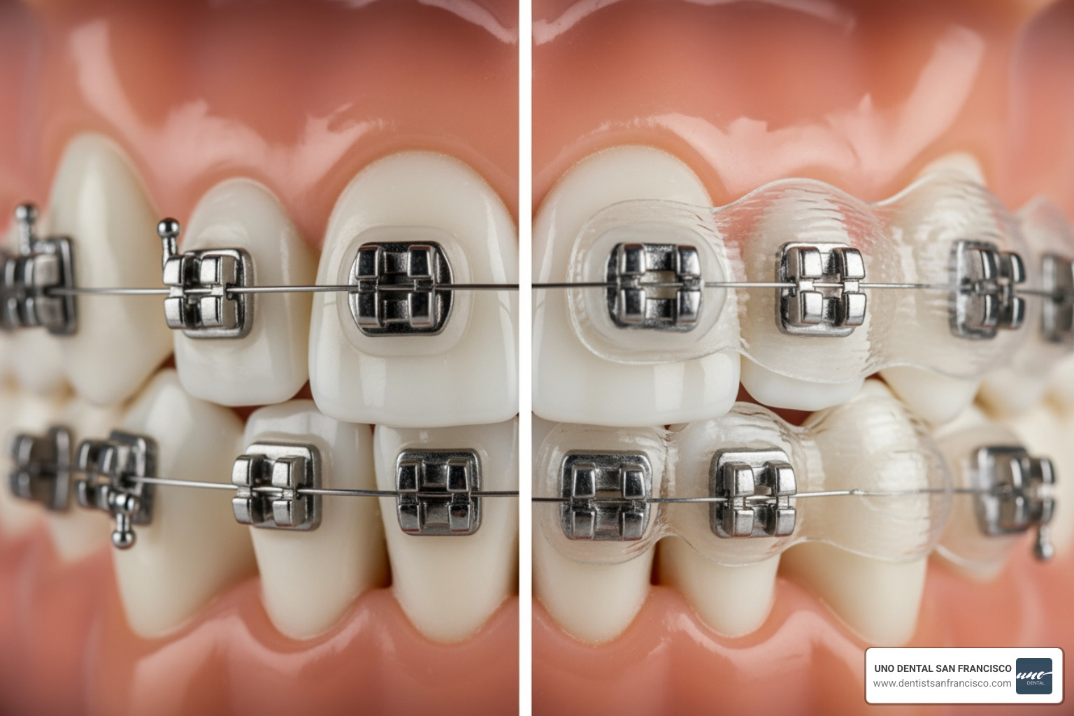 An image comparing traditional metal braces, ceramic braces, and clear aligners on a dental model - braces marks on teeth An image comparing traditional metal braces, ceramic braces, and clear aligners on a dental model - braces marks on teeth