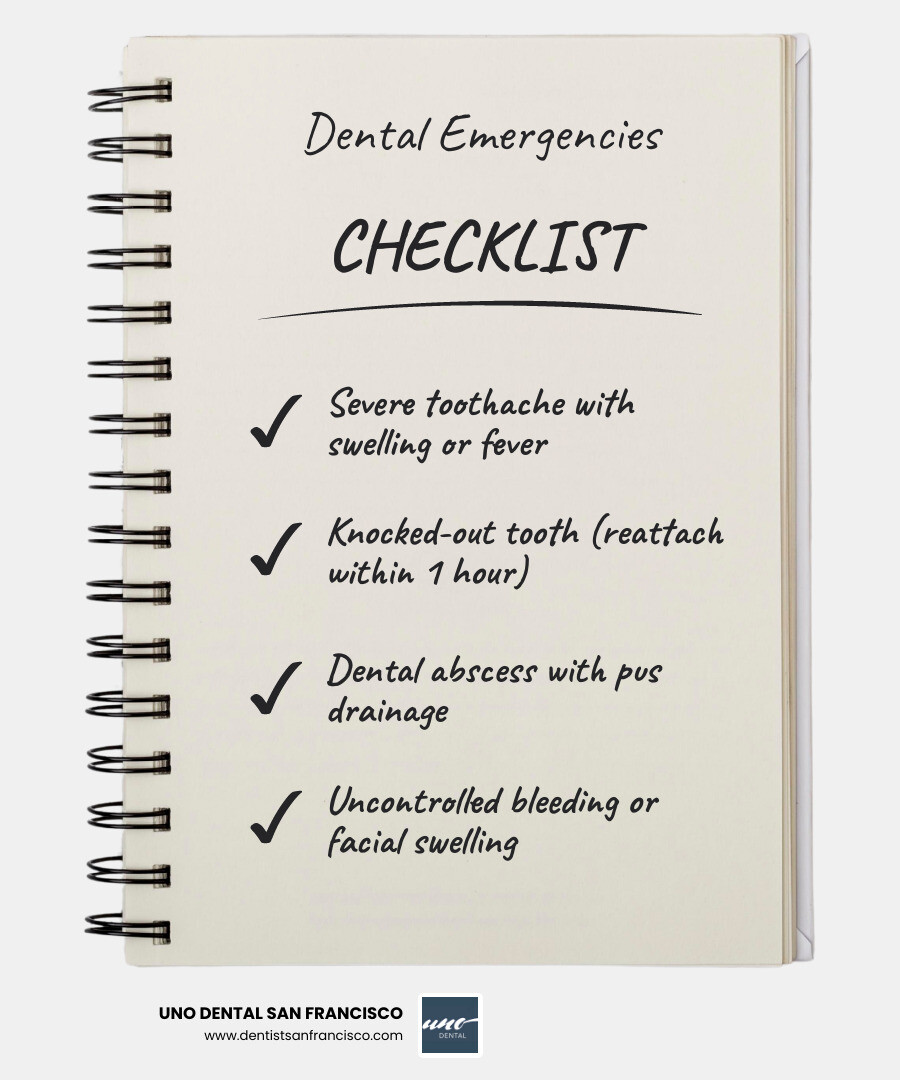 Infographic showing signs of a dental emergency that require seeing dentists open on Saturday: severe toothache with swelling, knocked-out tooth with one-hour reattachment window, broken or chipped tooth, dental abscess with pus or fever, uncontrolled bleeding, lost crown or filling, and a step-by-step guide to finding a Saturday dentist including online search, 24/7 referral hotlines, and walk-in clinic options - dentists open on saturday infographic checklist-notebook Infographic showing signs of a dental emergency that require seeing dentists open on Saturday: severe toothache with swelling, knocked-out tooth with one-hour reattachment window, broken or chipped tooth, dental abscess with pus or fever, uncontrolled bleeding, lost crown or filling, and a step-by-step guide to finding a Saturday dentist including online search, 24/7 referral hotlines, and walk-in clinic options - dentists open on saturday infographic checklist-notebook