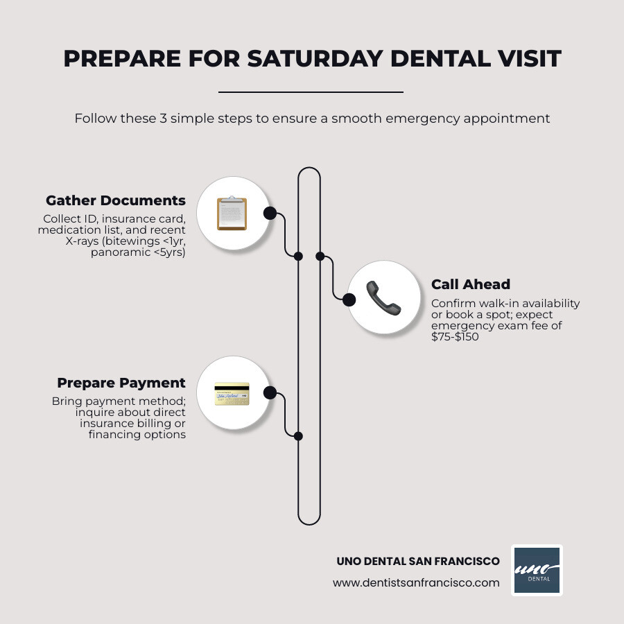 Infographic showing the 3-step process to prepare for a Saturday dental visit: 1. Gather documents (ID, Insurance, Med list), 2. Call ahead to confirm walk-in availability or book a spot, 3. Prepare for the exam fee ($75-$150) - dentists open on saturday infographic infographic-line-3-steps-elegant_beige Infographic showing the 3-step process to prepare for a Saturday dental visit: 1. Gather documents (ID, Insurance, Med list), 2. Call ahead to confirm walk-in availability or book a spot, 3. Prepare for the exam fee ($75-$150) - dentists open on saturday infographic infographic-line-3-steps-elegant_beige