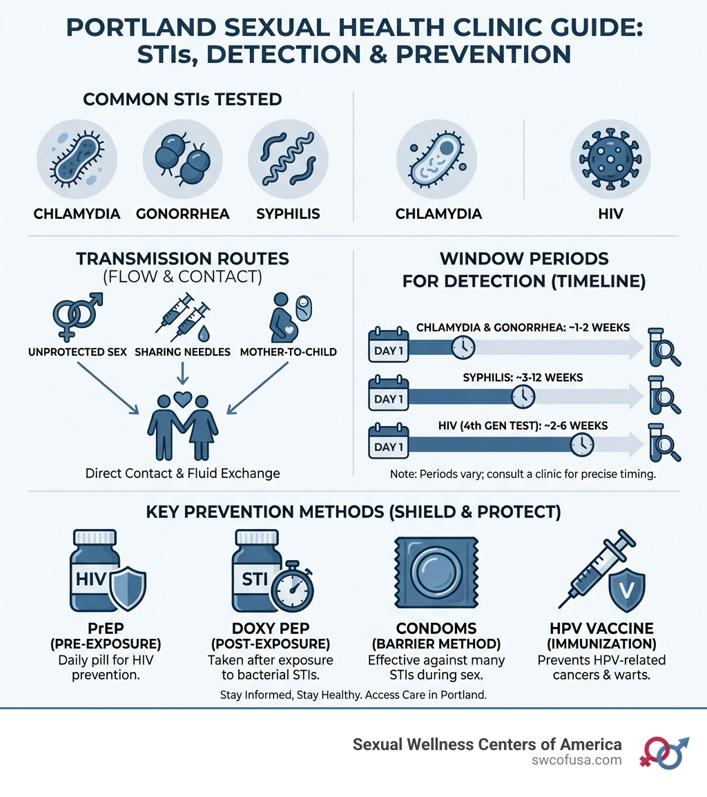 Infographic showing the most common STIs tested at sexual health clinics, their transmission routes, window periods for detection, and key prevention methods including PrEP, Doxy PEP, condoms, and HPV vaccine - sexual health clinic portland infographic