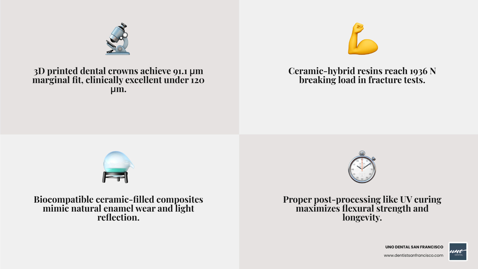 Table comparing 3D printing resins, milled zirconia, and traditional porcelain - 3D printed dental crowns infographic 4_facts_emoji_grey Table comparing 3D printing resins, milled zirconia, and traditional porcelain - 3D printed dental crowns infographic 4_facts_emoji_grey