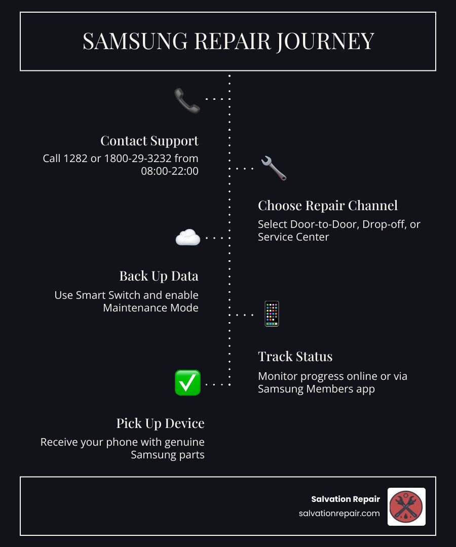 Infographic showing the Samsung repair journey: Step 1 - Call 1282 or 1800-29-3232 during 08:00-22:00; Step 2 - Choose repair channel (Door-to-Door, Drop-off, or Service Center); Step 3 - Back up data and enable Maintenance Mode; Step 4 - Track repair status online or via Samsung Members app; Step 5 - Pick up repaired device with genuine Samsung parts - samsung phone repair center phone number infographic infographic-line-5-steps-dark