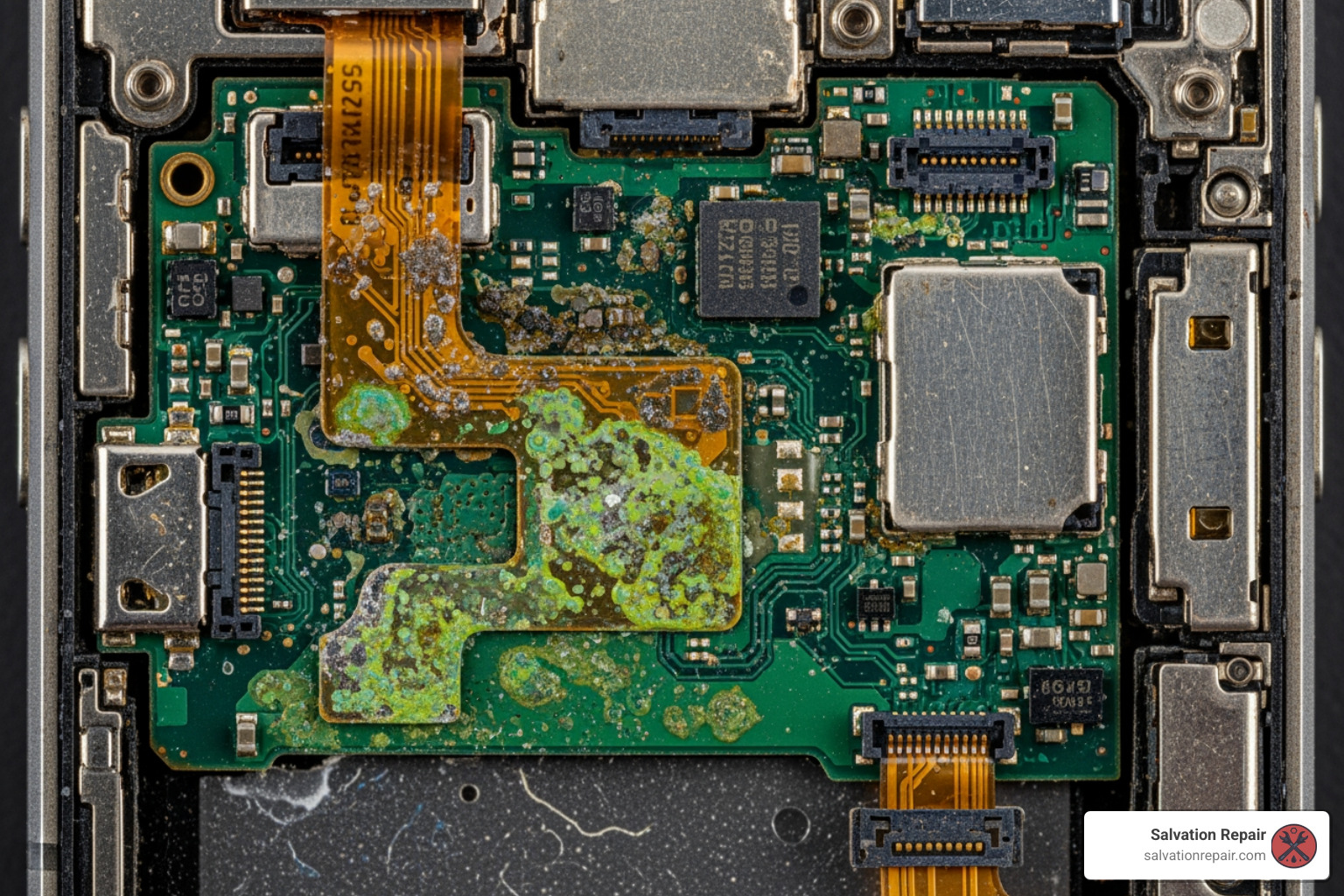 Internal components of a water-damaged phone showing signs of corrosion - fix phone near me