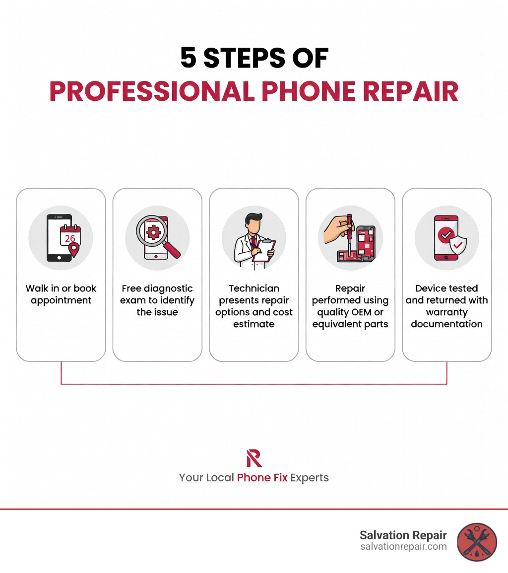 Infographic showing 5 steps of professional phone repair: Step 1 - Walk in or book appointment; Step 2 - Free diagnostic exam to identify the issue; Step 3 - Technician presents repair options and cost estimate; Step 4 - Repair performed using quality OEM or equivalent parts; Step 5 - Device tested and returned with warranty documentation - fix phone near me infographic 