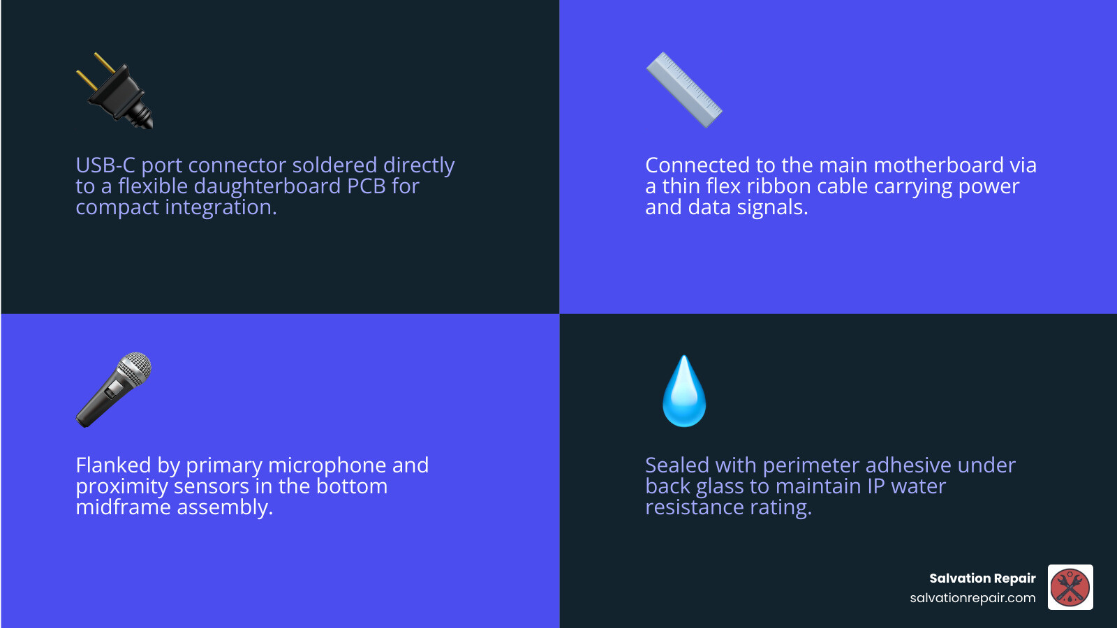 Infographic showing the anatomy of a Samsung charging assembly: USB-C port connector at bottom, soldered to a daughterboard PCB, connected via flex ribbon cable to the motherboard, flanked by a primary microphone and sensors, housed inside the midframe with perimeter adhesive sealing the back glass for water resistance - samsung phone charger port repair infographic 4_facts_emoji_blue