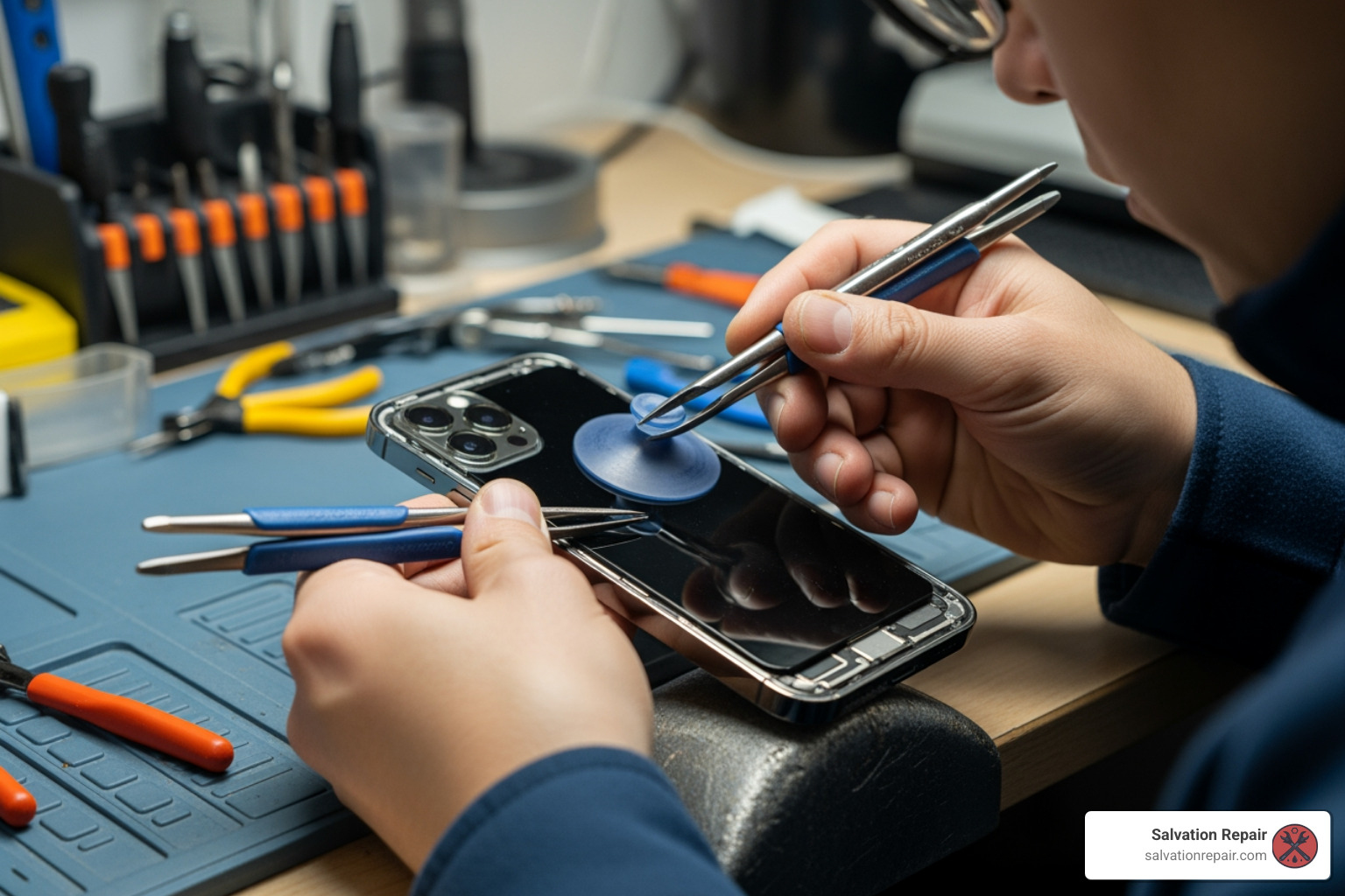 Technician performing a precision screen replacement on an iPhone 13 using specialized suction and prying tools - how much does a iphone 13 screen repair cost Technician performing a precision screen replacement on an iPhone 13 using specialized suction and prying tools - how much does a iphone 13 screen repair cost