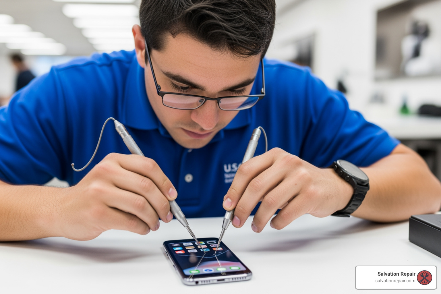 An Apple technician wearing a blue shirt carefully installing a genuine iPhone screen using precision tools in a clean, professional repair environment - iphone 13 screen replacement price near me An Apple technician wearing a blue shirt carefully installing a genuine iPhone screen using precision tools in a clean, professional repair environment - iphone 13 screen replacement price near me