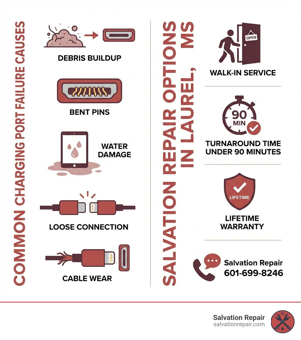 Infographic showing 5 common causes of tablet charging port failure: debris buildup, bent pins, water damage, loose connection, and cable wear — alongside repair options in Laurel MS including walk-in service, turnaround time under 90 minutes, lifetime warranty, and Salvation Repair contact info 601-699-8246 - tablet charging port Laurel infographic 