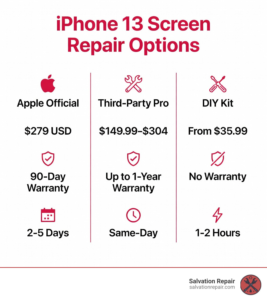 Infographic showing three iPhone 13 screen replacement paths: Apple official repair at $279 USD with 90-day warranty, third-party professional repair between $149.99 and $304 with up to 1-year warranty, and DIY kit repair starting at $35.99 for parts only with no warranty, displayed as a horizontal comparison chart with cost, speed, and warranty columns for each option - iphone 13 screen replacement price near me infographic Infographic showing three iPhone 13 screen replacement paths: Apple official repair at $279 USD with 90-day warranty, third-party professional repair between $149.99 and $304 with up to 1-year warranty, and DIY kit repair starting at $35.99 for parts only with no warranty, displayed as a horizontal comparison chart with cost, speed, and warranty columns for each option - iphone 13 screen replacement price near me infographic