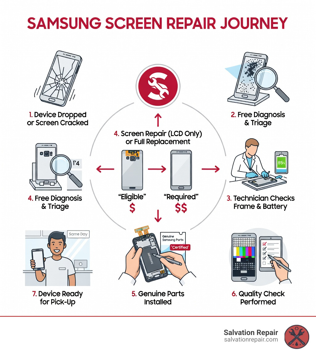 Infographic showing the Samsung screen repair journey: Step 1 - Device dropped or screen cracked; Step 2 - Free diagnosis and triage at repair shop; Step 3 - Technician checks for frame damage and battery condition; Step 4 - Screen repair (LCD only) or full screen replacement selected based on eligibility; Step 5 - Genuine parts installed by certified technician; Step 6 - Quality check performed; Step 7 - Device ready for pick-up, same day in most cases - samsung repair phone screen infographic 