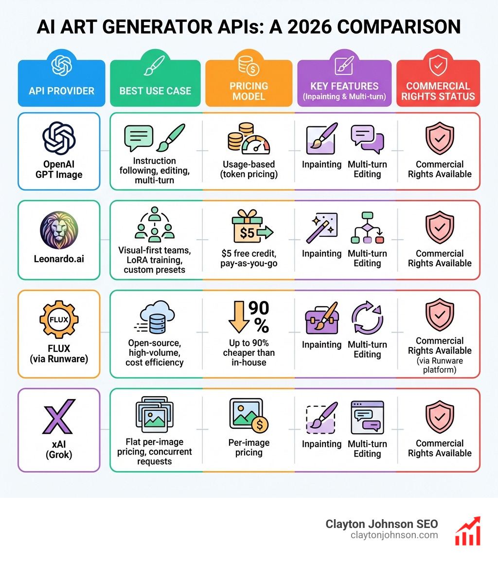 Infographic showing a comparison of top AI art generator APIs including OpenAI GPT Image, Leonardo.ai, FLUX via Runware, and xAI, with columns for best use case, pricing model, key features like inpainting and multi-turn editing, and commercial rights status, arranged in a clean horizontal comparison layout with icons for each provider - ai art generator api infographic 