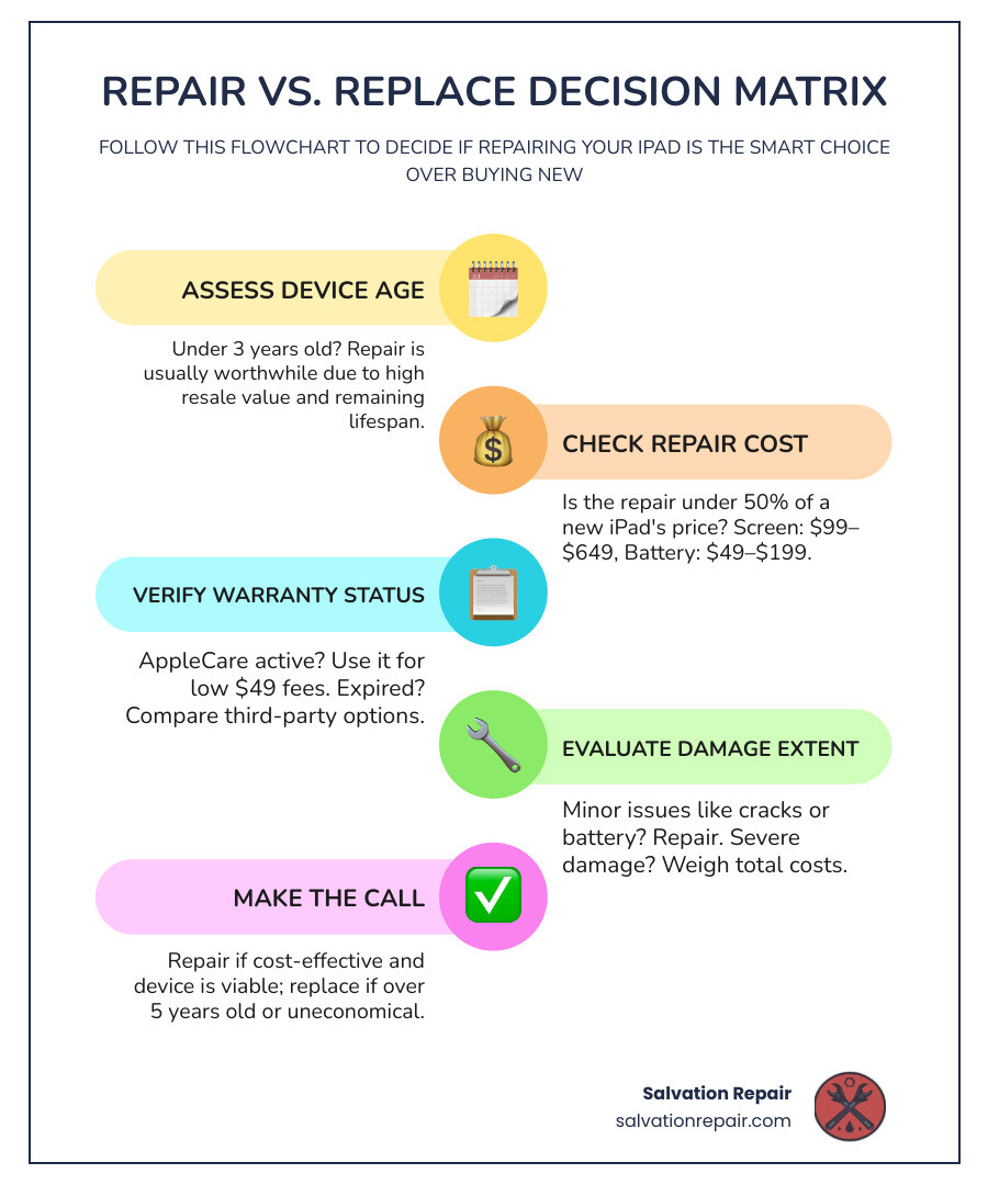 Infographic showing a repair vs. replace decision matrix for iPads, with columns for repair cost ranges (screen $99–$649, battery $49–$199, water damage varies), device age (under 3 years = repair, over 5 years = consider replacing), warranty status (AppleCare active = use it, expired = compare third-party prices), and a flowchart guiding users from Infographic showing a repair vs. replace decision matrix for iPads, with columns for repair cost ranges (screen $99–$649, battery $49–$199, water damage varies), device age (under 3 years = repair, over 5 years = consider replacing), warranty status (AppleCare active = use it, expired = compare third-party prices), and a flowchart guiding users from