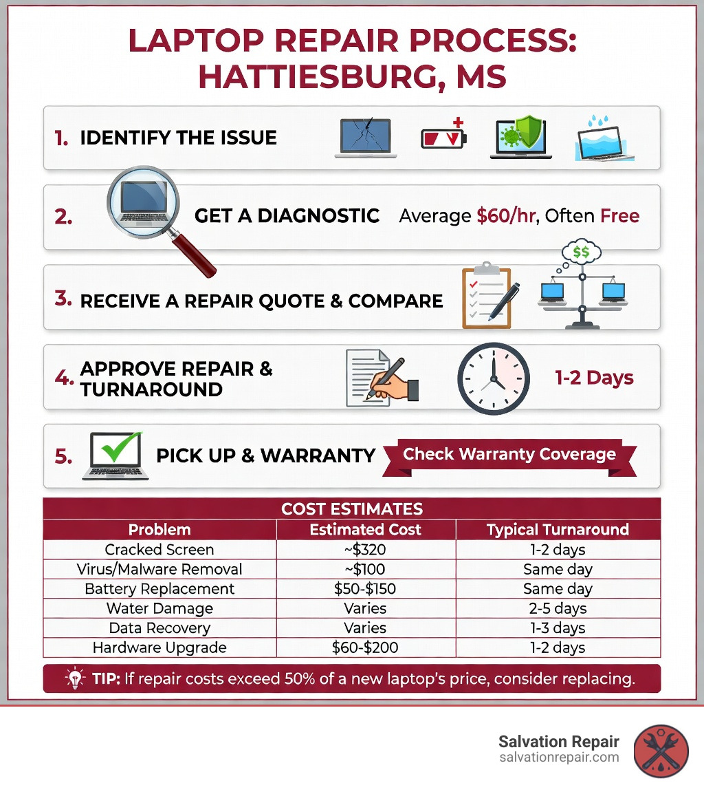 Infographic showing the laptop repair process in Hattiesburg MS: Step 1 - Identify the issue (screen, battery, virus, water damage, hardware); Step 2 - Get a diagnostic (average $60/hr, often free); Step 3 - Receive a repair quote and compare to new laptop cost; Step 4 - Approve repair and typical 1-2 day turnaround; Step 5 - Pick up repaired laptop, check for warranty coverage; includes cost estimates for common repairs and a tip: if repair costs exceed 50% of a new laptop's price, consider replacing - Laptop repair Hattiesburg MS infographic 