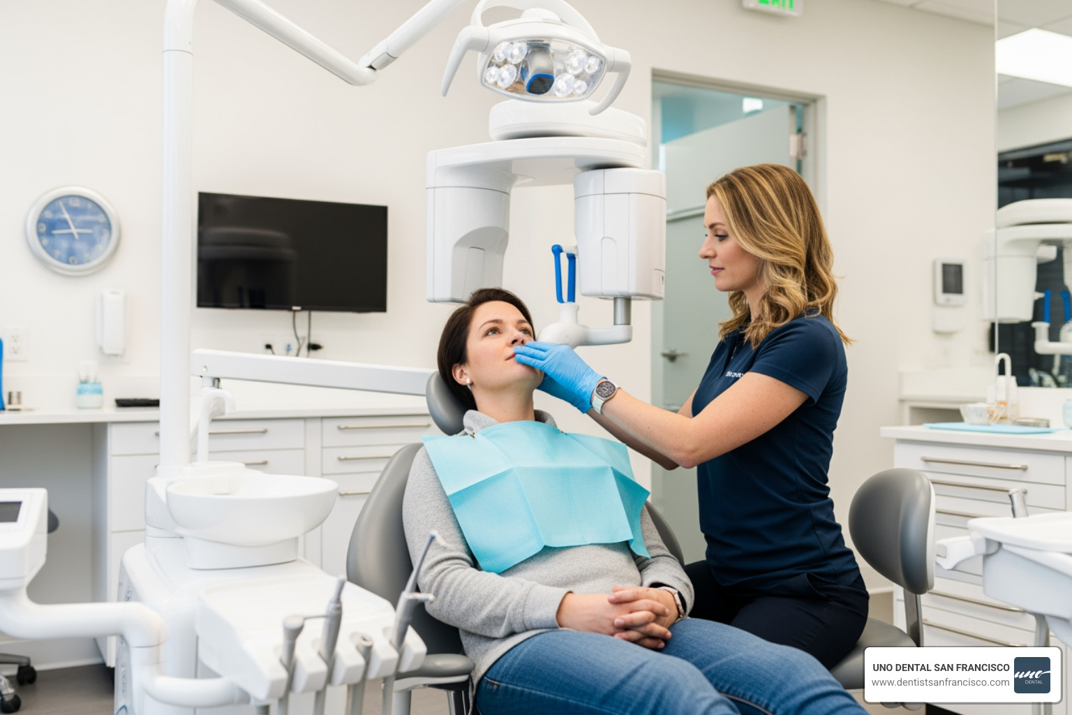 Patient sitting comfortably in a dental chair while a dental assistant positions the digital x-ray arm near their cheek - digital dental x-rays Patient sitting comfortably in a dental chair while a dental assistant positions the digital x-ray arm near their cheek - digital dental x-rays