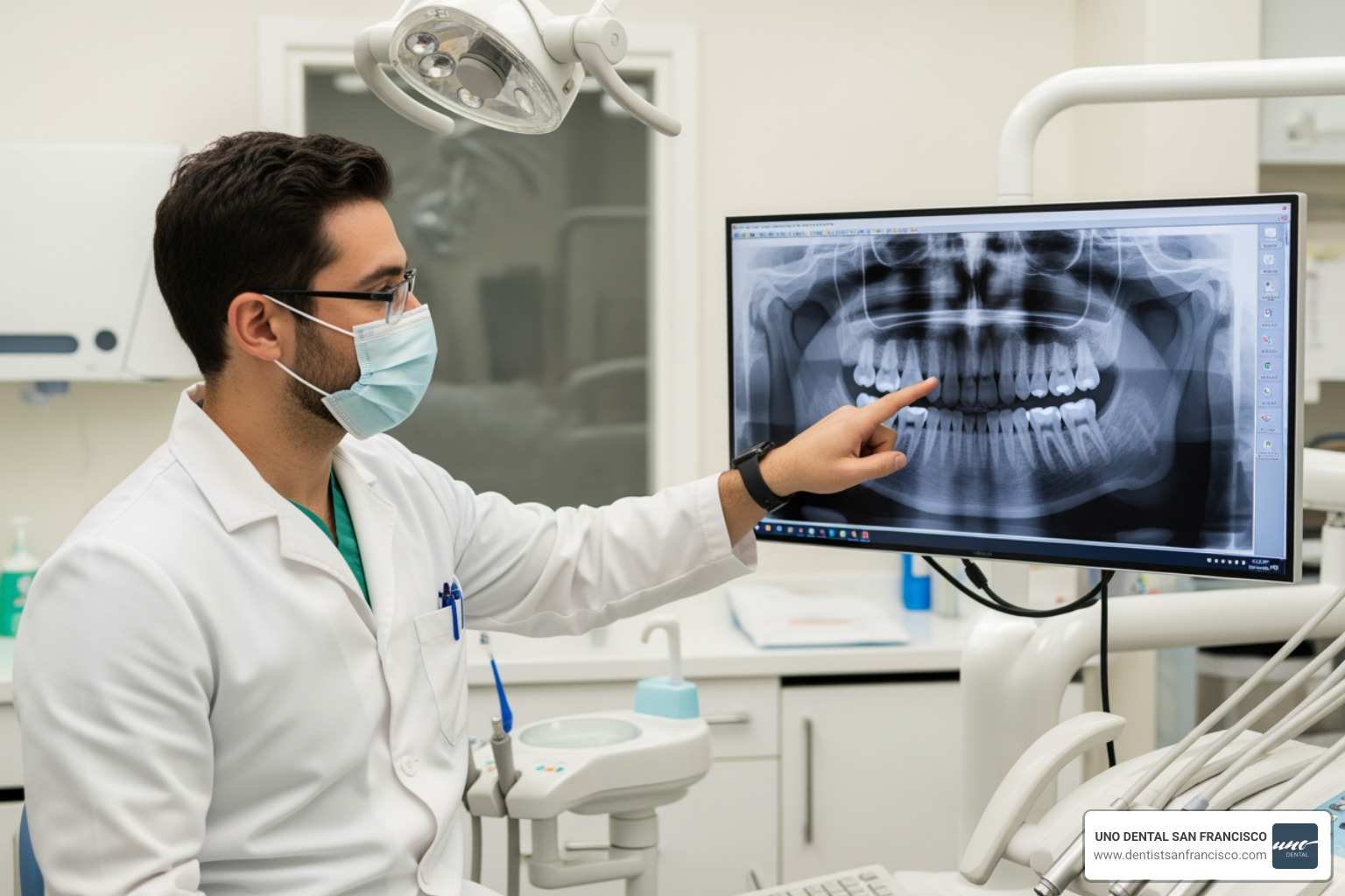 A dentist pointing to a high-resolution digital x-ray on a large computer monitor, showing the detailed structure of a patient's jaw and teeth - digital dental x-rays A dentist pointing to a high-resolution digital x-ray on a large computer monitor, showing the detailed structure of a patient's jaw and teeth - digital dental x-rays
