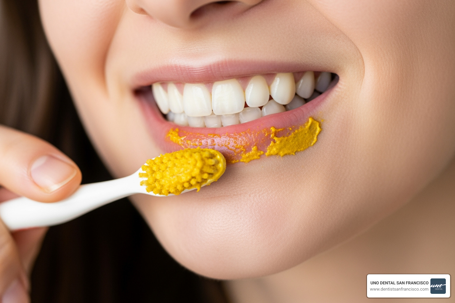 Image of a person applying a golden turmeric and coconut oil paste to their gum line using a soft-bristled brush Image of a person applying a golden turmeric and coconut oil paste to their gum line using a soft-bristled brush
