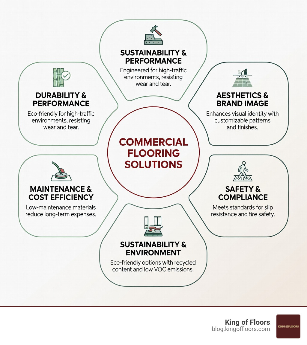 Infographic showing the key factors in choosing commercial flooring solutions: traffic volume ratings (light, medium, heavy, extreme), flooring type comparison (laminate AC4-AC6, engineered hardwood, carpet tile, rubber), total cost of ownership breakdown (installation, maintenance, lifespan), and safety features checklist (slip resistance, fire rating, moisture resistance), with King of Floors branding - commercial flooring solutions infographic Infographic showing the key factors in choosing commercial flooring solutions: traffic volume ratings (light, medium, heavy, extreme), flooring type comparison (laminate AC4-AC6, engineered hardwood, carpet tile, rubber), total cost of ownership breakdown (installation, maintenance, lifespan), and safety features checklist (slip resistance, fire rating, moisture resistance), with King of Floors branding - commercial flooring solutions infographic