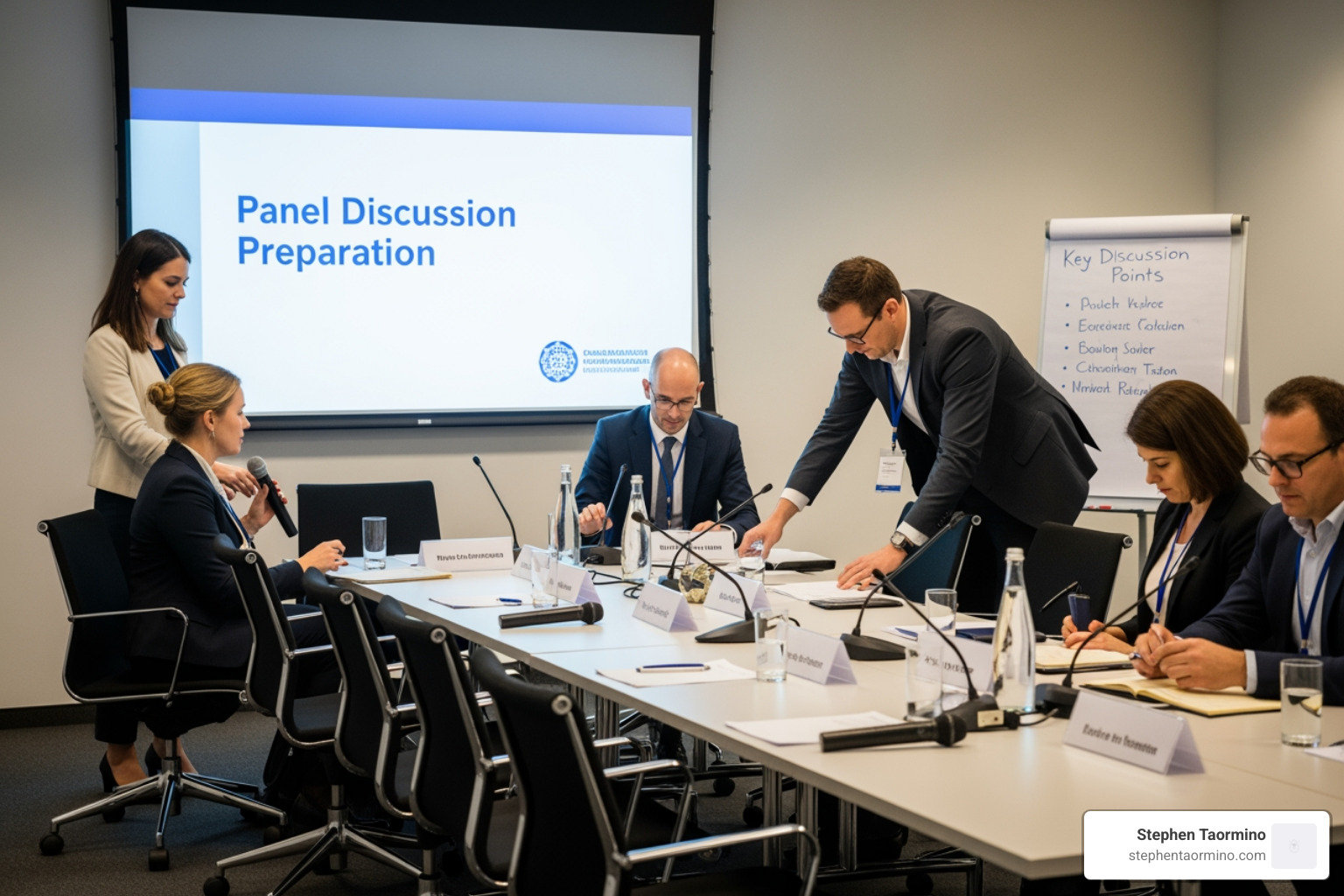 Diverse professionals on stage - Panel discussion preparation