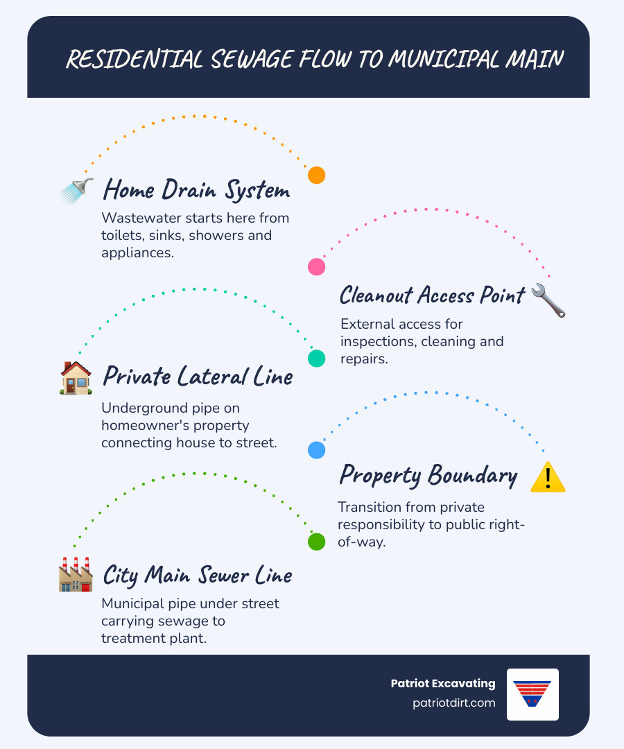 Infographic showing the flow of residential sewage from a home through the lateral sewer line to the municipal main sewer line, with labeled sections including the home drain system, cleanout access point, private lateral line, property boundary, public right-of-way connection, and the city main sewer line running under the street, with callout boxes noting homeowner vs. city responsibility zones and common failure points like root intrusion and pipe joints - Greenwood sewer line repair infographic infographic-line-5-steps-blues-accent_colors Infographic showing the flow of residential sewage from a home through the lateral sewer line to the municipal main sewer line, with labeled sections including the home drain system, cleanout access point, private lateral line, property boundary, public right-of-way connection, and the city main sewer line running under the street, with callout boxes noting homeowner vs. city responsibility zones and common failure points like root intrusion and pipe joints - Greenwood sewer line repair infographic infographic-line-5-steps-blues-accent_colors